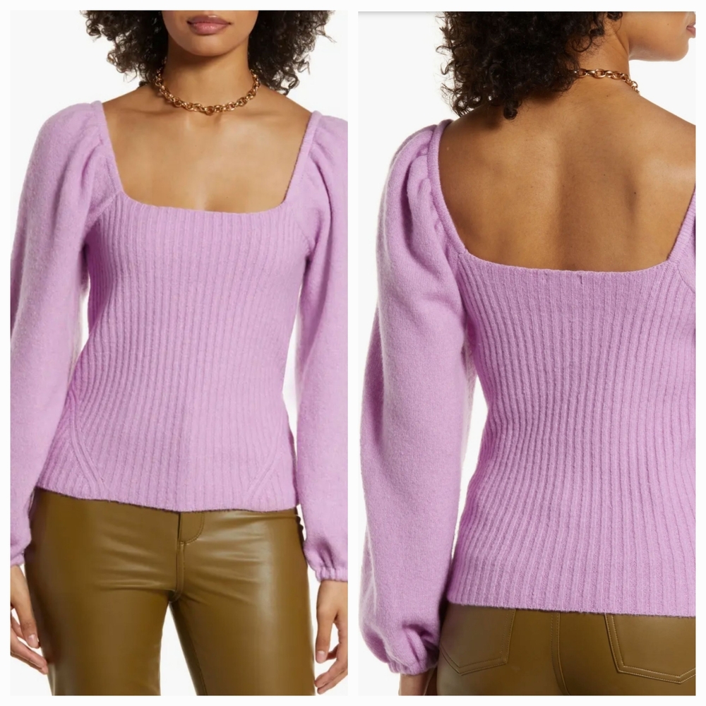 Halogen Lilac Purple Ribbed Knit Sweater Square Neck Puff Sleeve Wool Blend Sz S